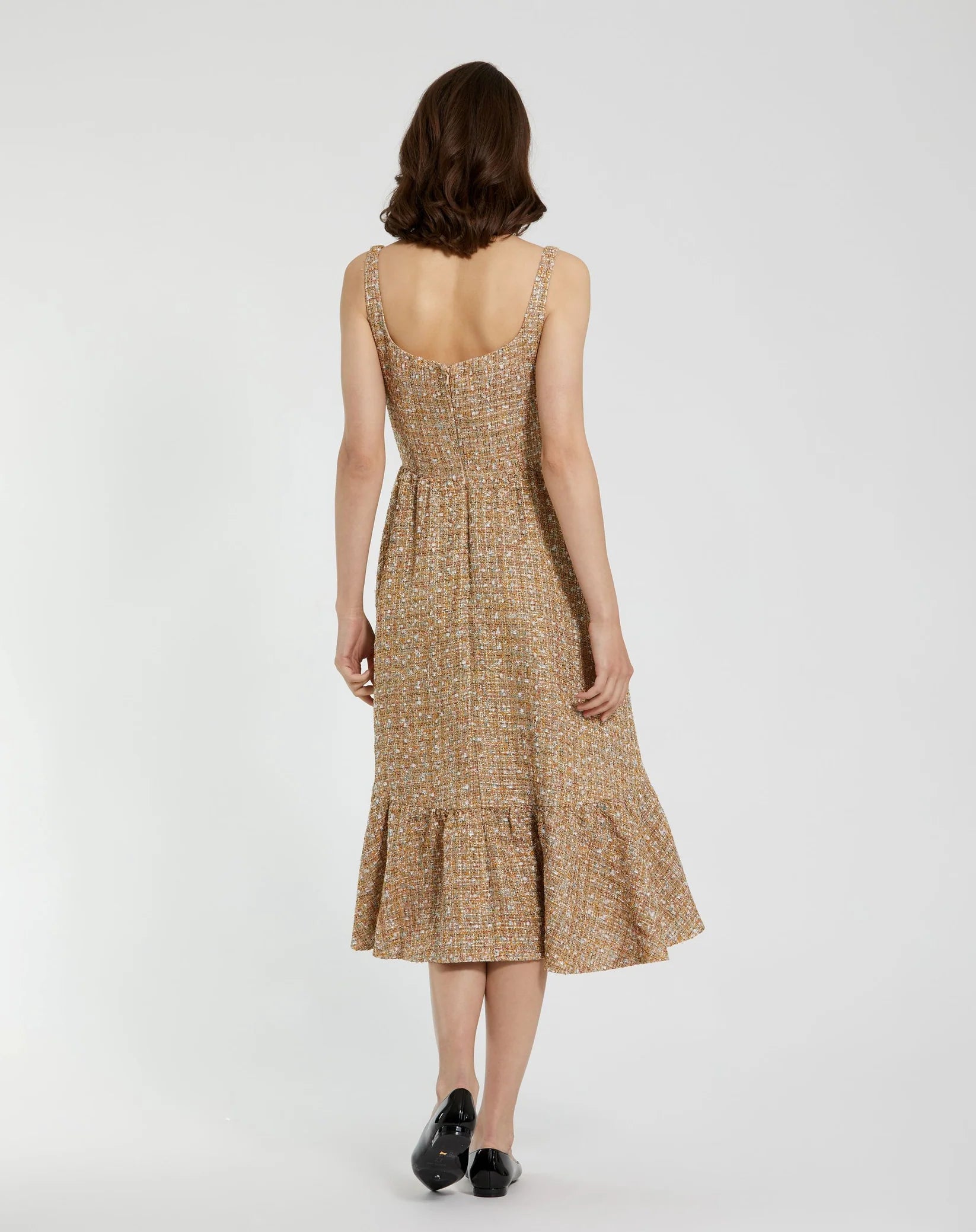 Mac Duggal #21071 Beige Boucle Sleeveless A-Line Midi Dress back view