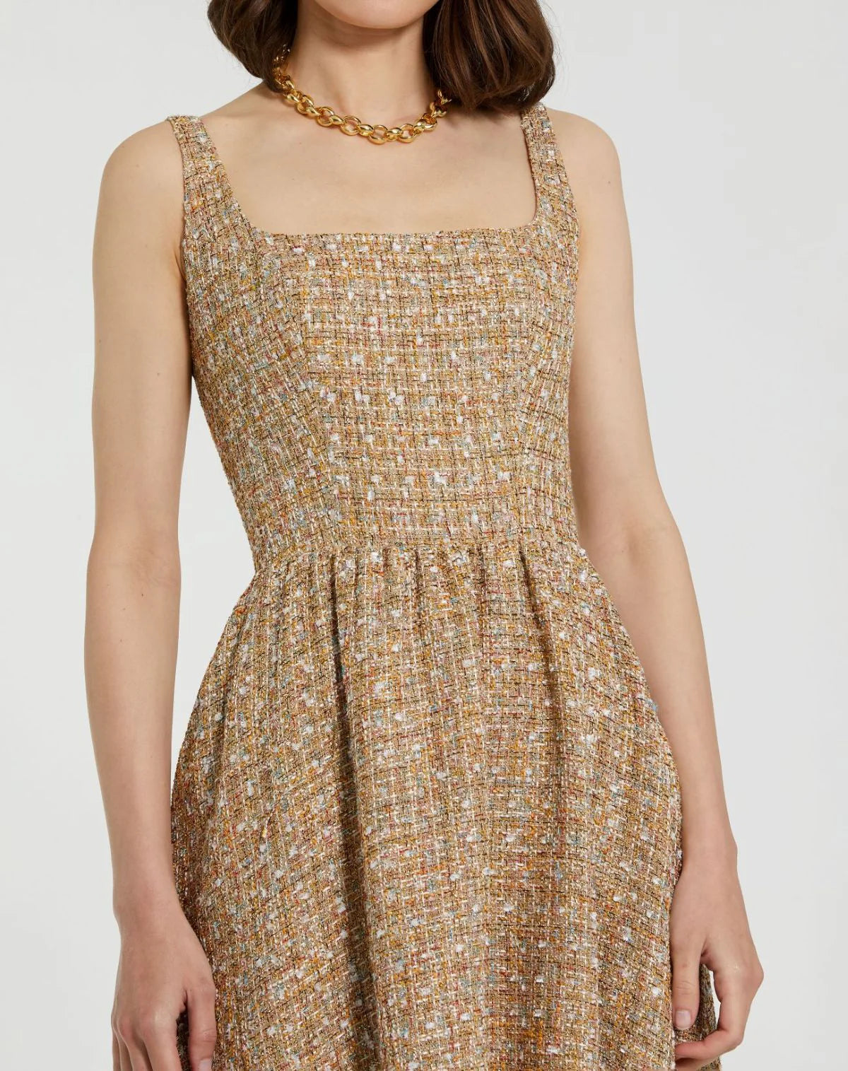 Mac Duggal #21071 Beige Boucle Sleeveless A-Line Midi Dress close up
