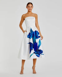 Mac Duggal #21075 cream multi floral print satin midi dress