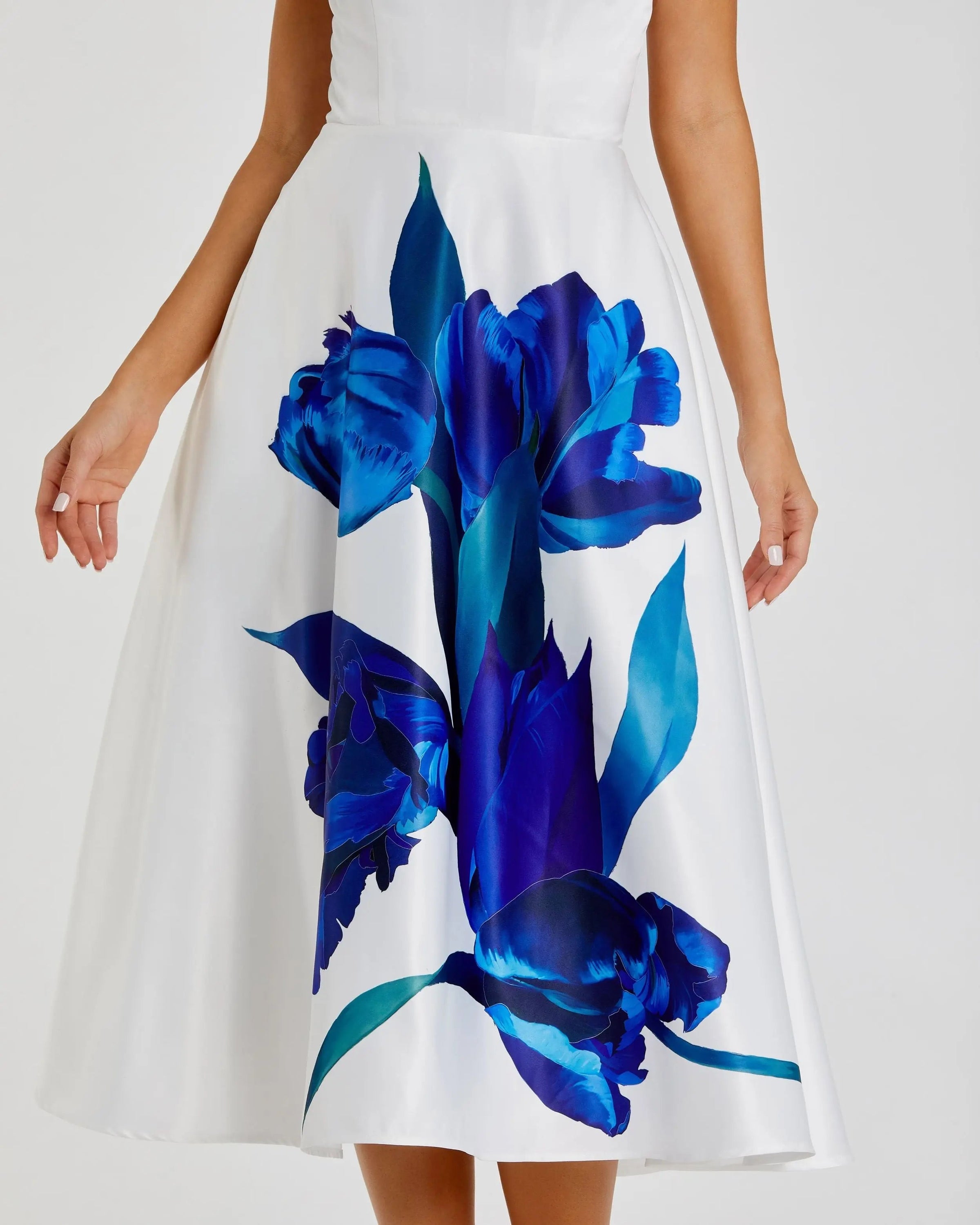 Mac Duggal #21075 cream multi floral print midi dress detail