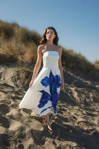 Mac Duggal #21075 cream multi floral print satin midi dress