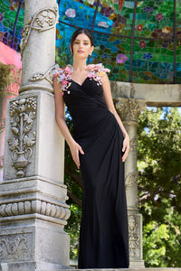Mac Duggal Black Jersey V Neck Gown With 3D Flowers #21084