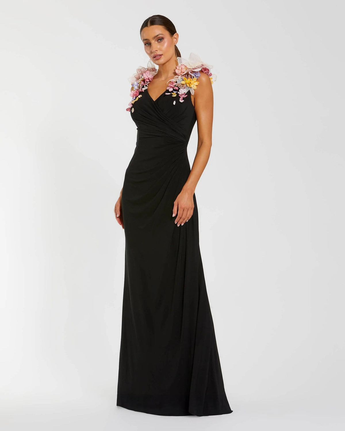 Mac Duggal Black Jersey V Neck Gown With 3D Flowers #21084