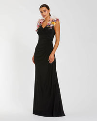 Mac Duggal Black Jersey V Neck Gown With 3D Flowers #21084