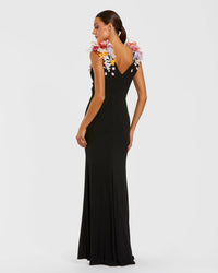 Mac Duggal Black Jersey V Neck Gown With 3D Flowers #21084