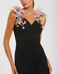 Mac Duggal Black Jersey V Neck Gown With 3D Flowers #21084
