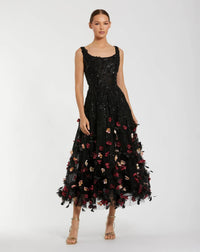 Mac Duggal #21085 Beaded Midi Dress With 3D Flowers Black Multi