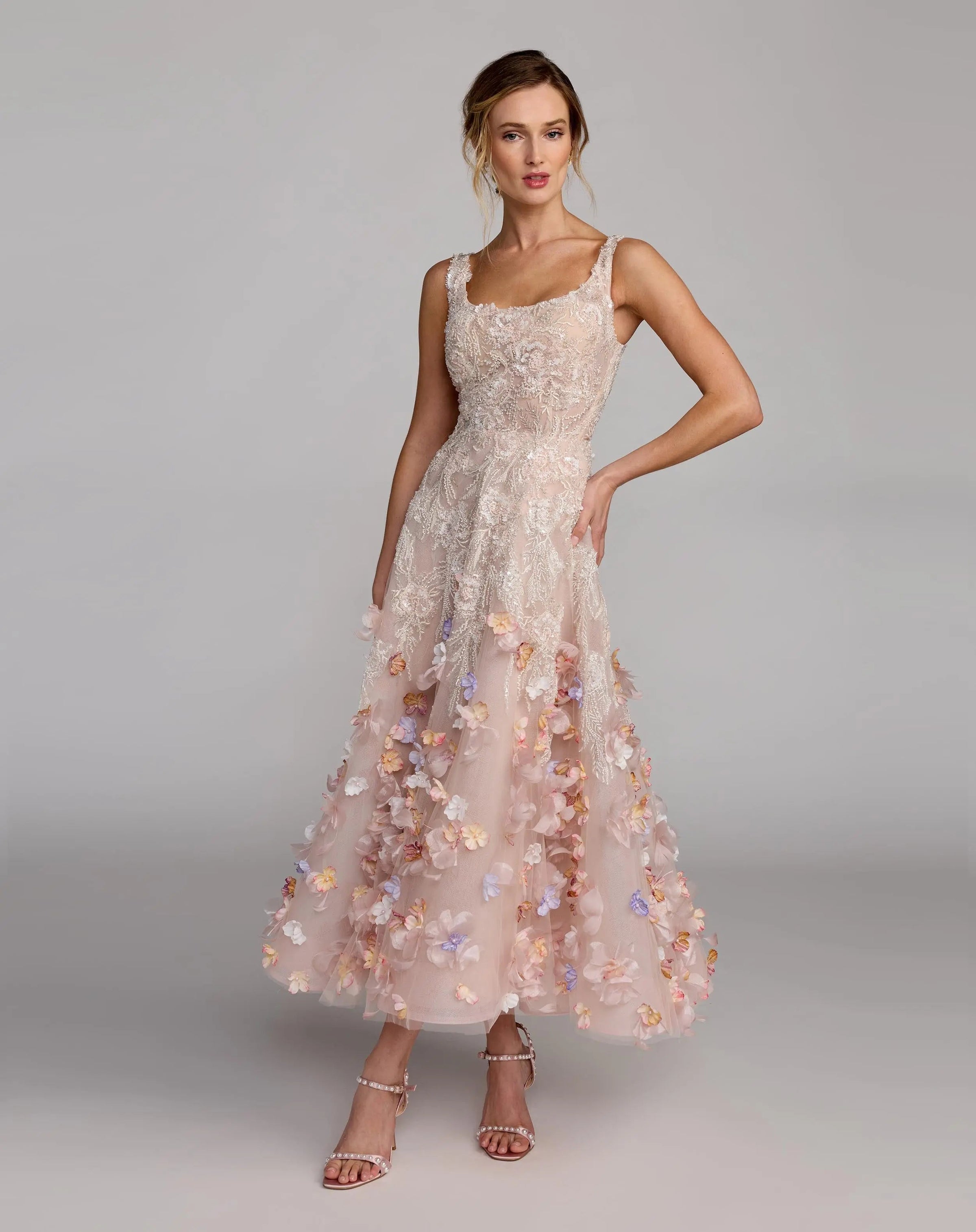 Mac Duggal #21085 Beaded Midi Dress With 3D Flowers Blush Multi