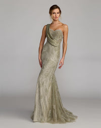 Mac Duggal Green Beaded One Shoulder Draped Mermaid Gown #21089 Sage