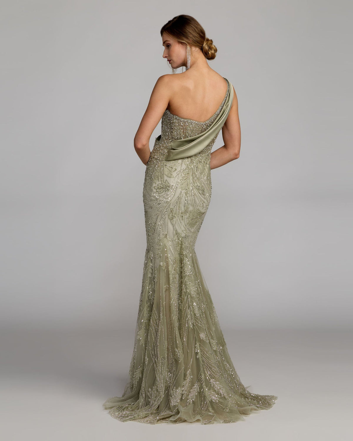 Mac Duggal 21089 beaded tulle formal dress with draped satin sash back view and train