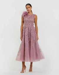 Mac Duggal Purple High Neck Embellished Midi Dress with 3D Flower Orchid #21091