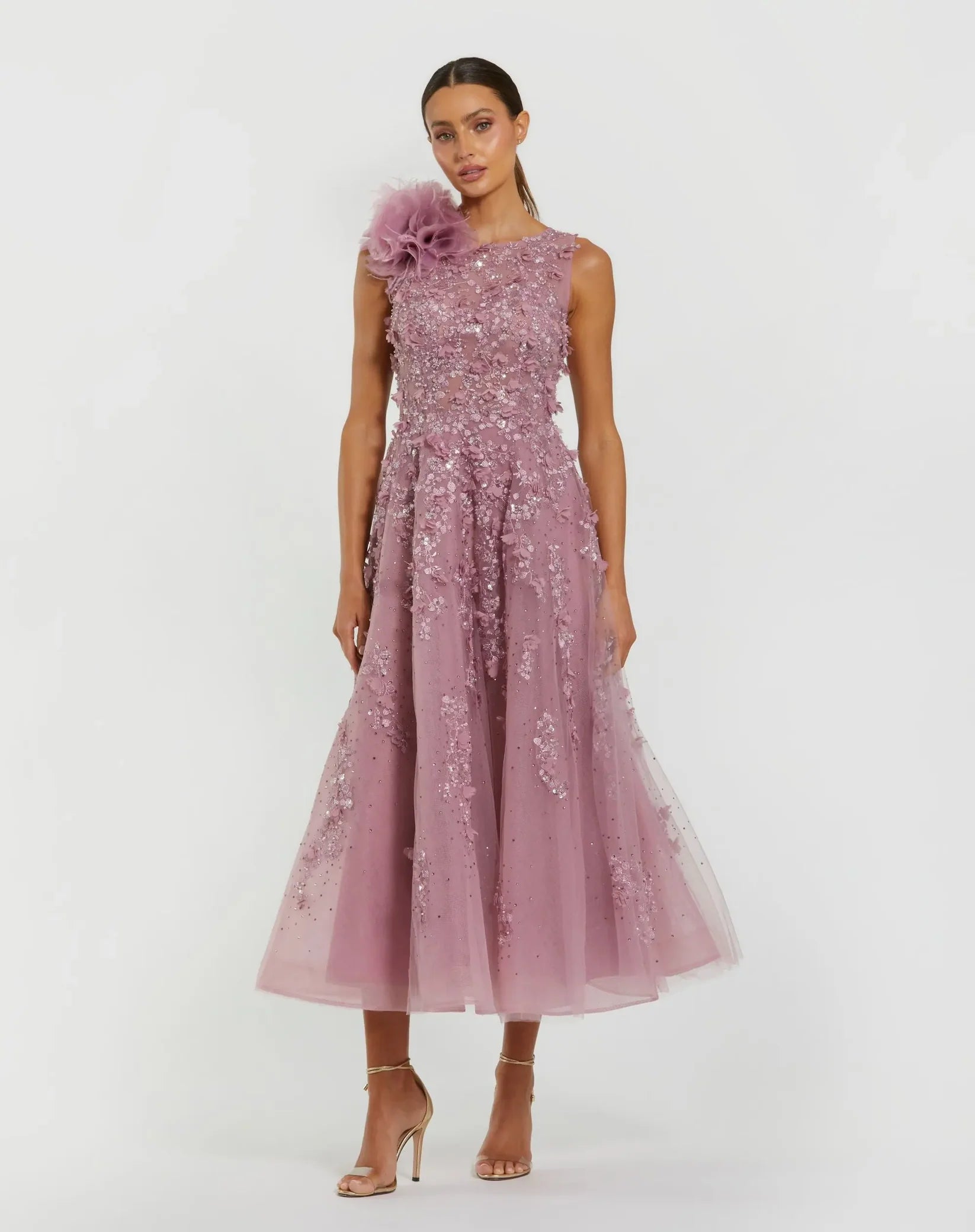 Mac Duggal Purple High Neck Embellished Midi Dress with 3D Flower Orchid #21091