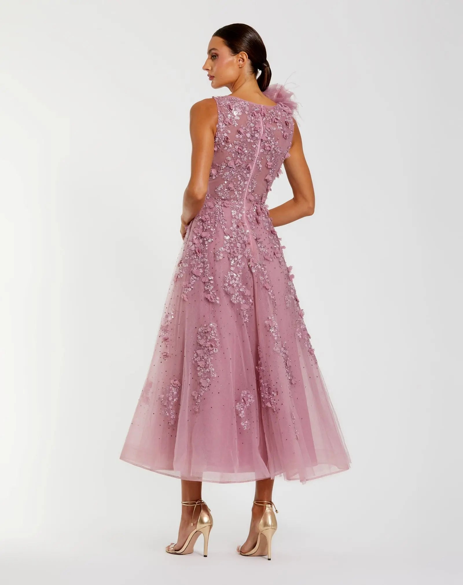 Mac Duggal Purple High Neck Embellished Midi Dress with 3D Flower Orchid #21091