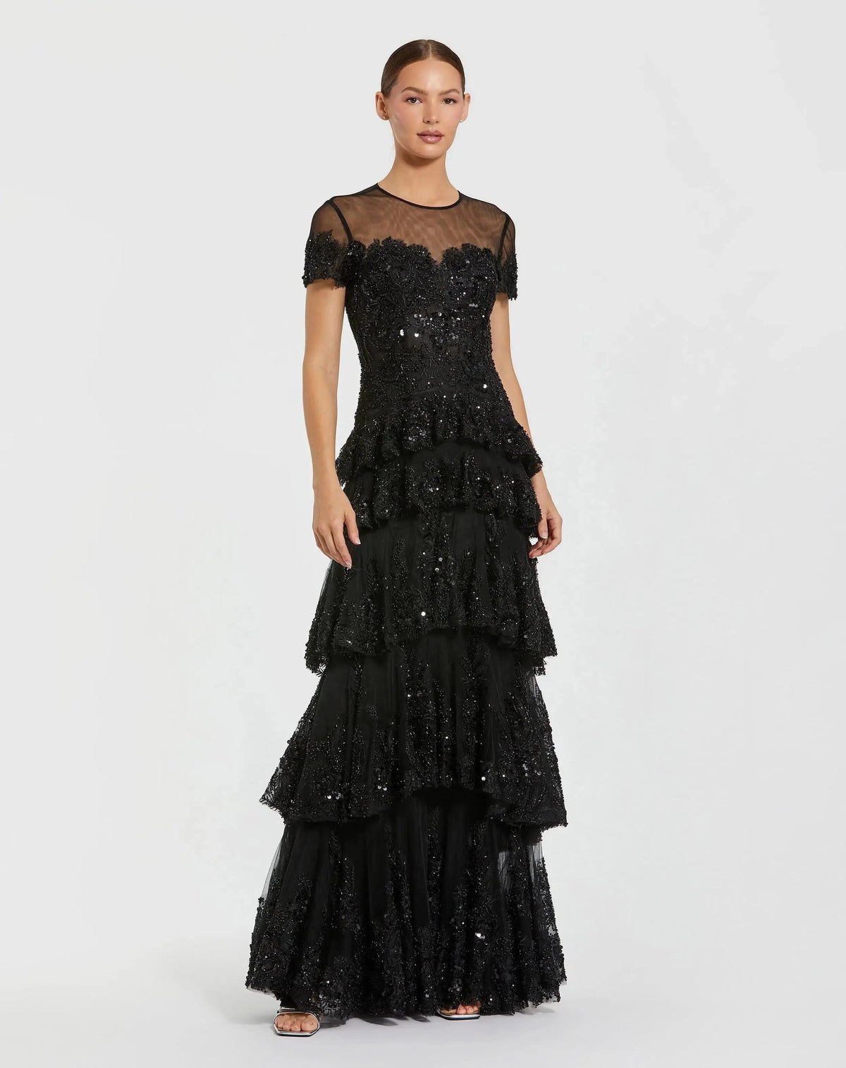 Black-tiered-ruffled-evening-gown-with-high-illusion-neckline-front