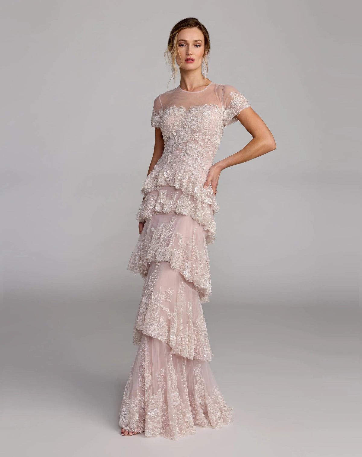 Mac Duggal Light Pink Embellished High Neck Gown With Tiered Ruffle Skirt #21097