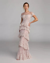 Mac Duggal Light Pink Embellished High Neck Gown With Tiered Ruffle Skirt #21097