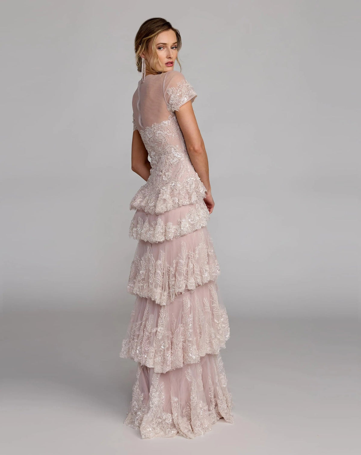 Rose-multi-tiered-ruffled-evening-gown-with-high-illusion-neckline-front