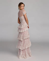 Rose-multi-tiered-ruffled-evening-gown-with-high-illusion-neckline-front