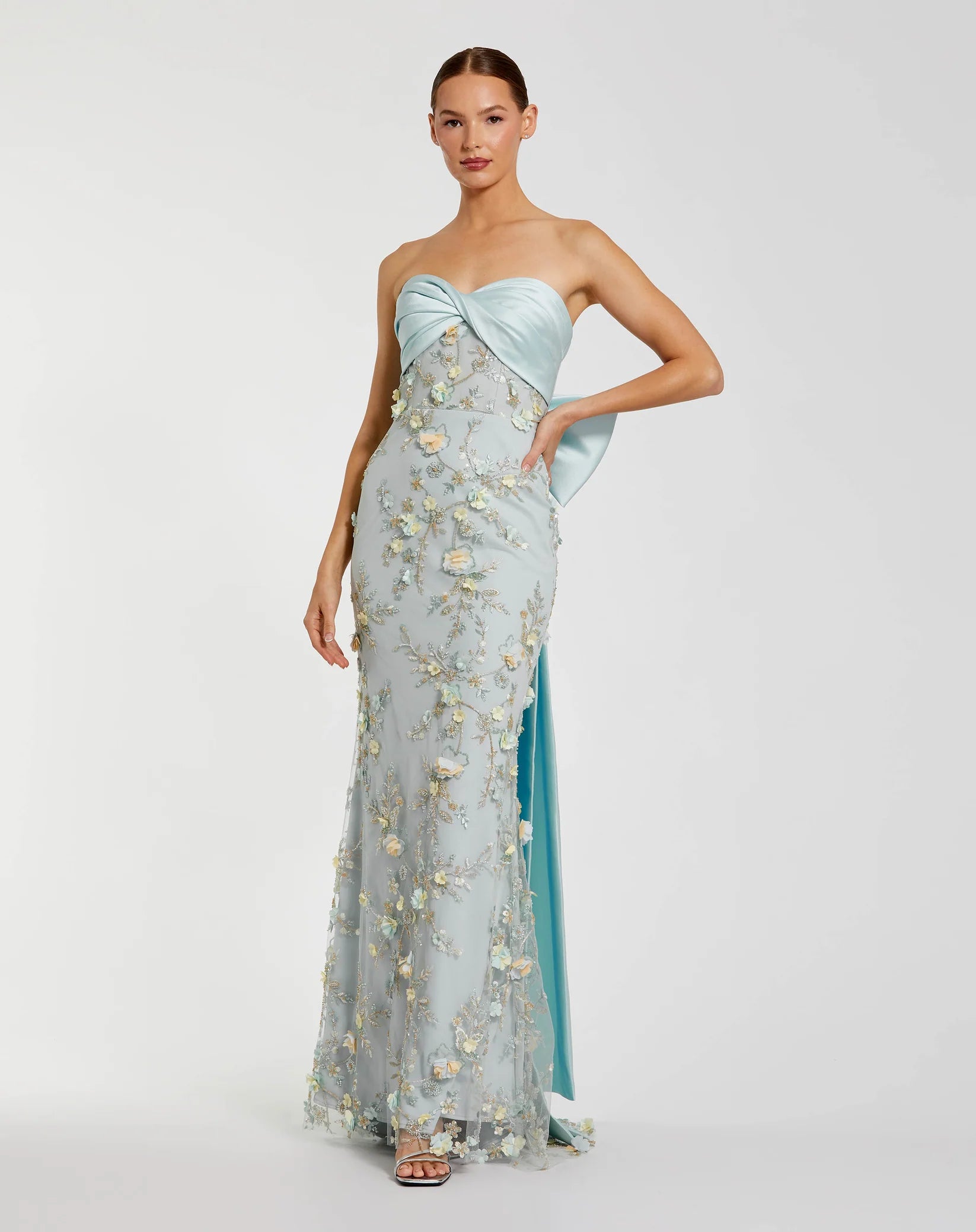 Mac Duggal Blue Strapless Sweetheart Embellished Gown With Bow #21102