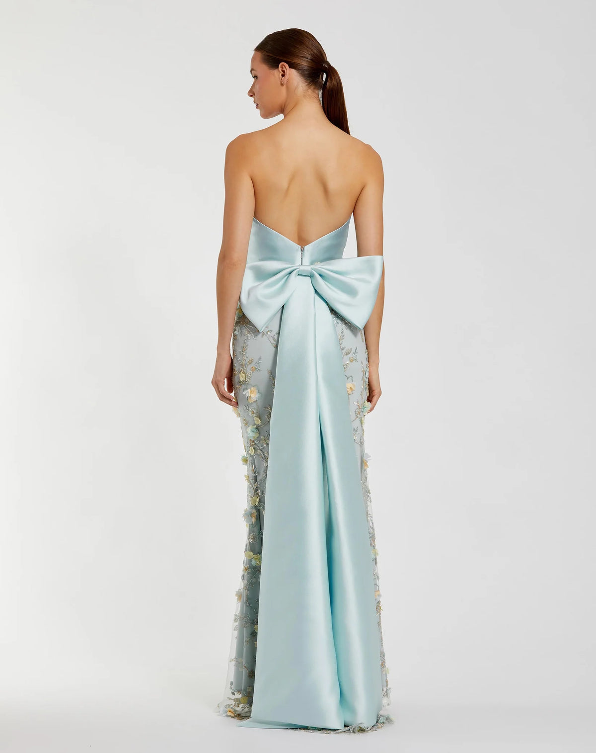 Mac Duggal Blue Strapless Sweetheart Embellished Gown With Bow #21102