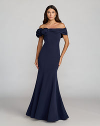 Navy Off The Shoulder Rosette Crepe Mermaid Gown