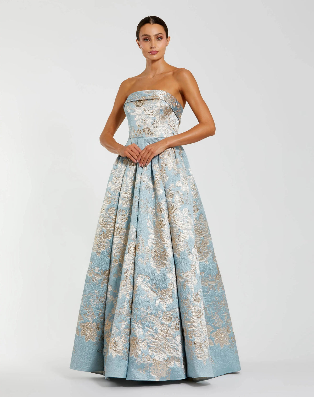 Mac Duggal 21144 Blue Multi strapless brocade ball gown with pockets - Front
