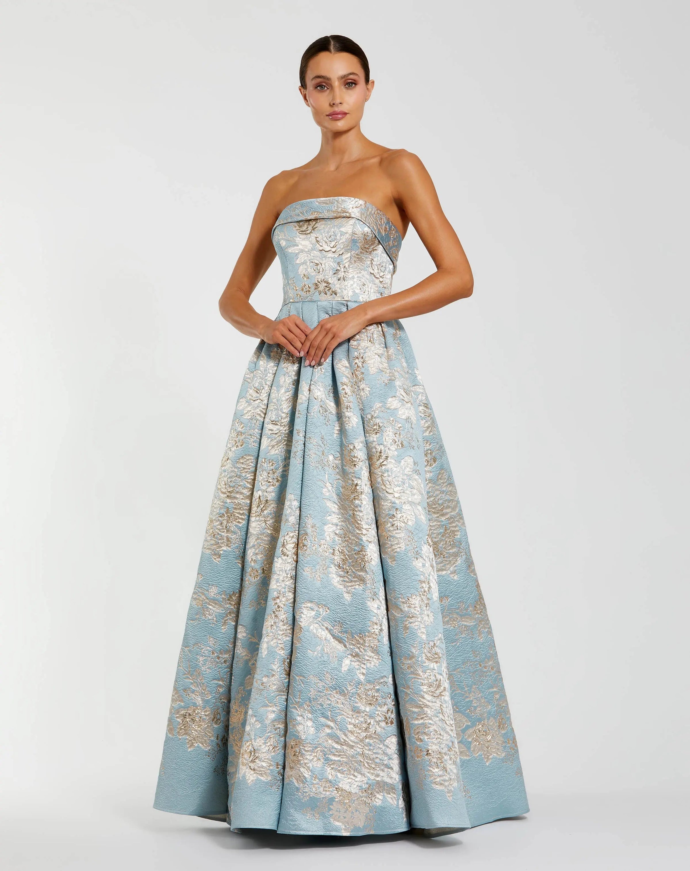 Mac Duggal 21144 Blue Multi strapless brocade ball gown with pockets - Front