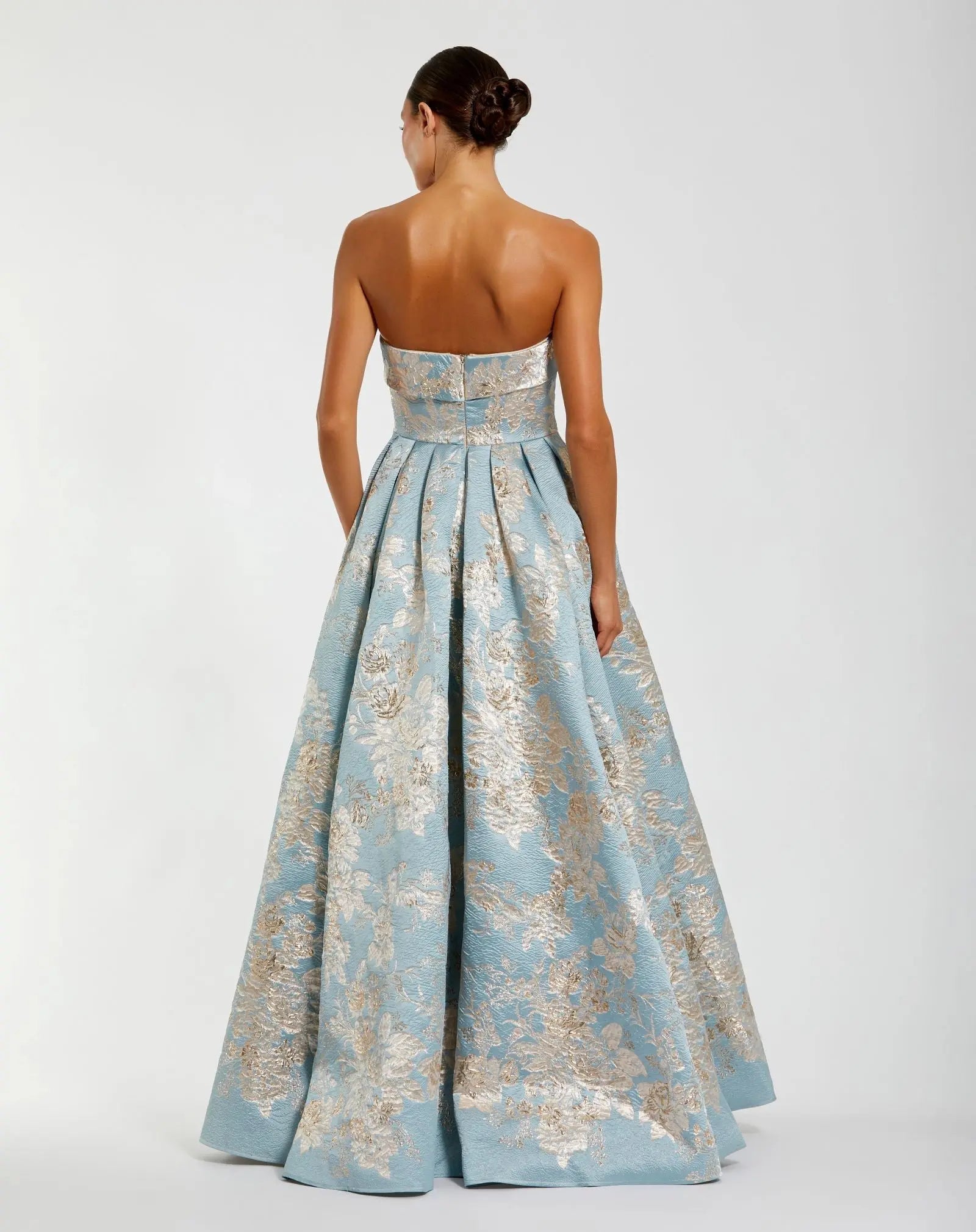 Mac Duggal 21144 Blue Multi strapless brocade ball gown with pockets - Back view