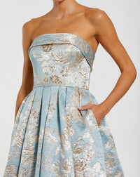 Mac Duggal 21144 Blue Multi strapless brocade ball gown with pockets - Close up detail
