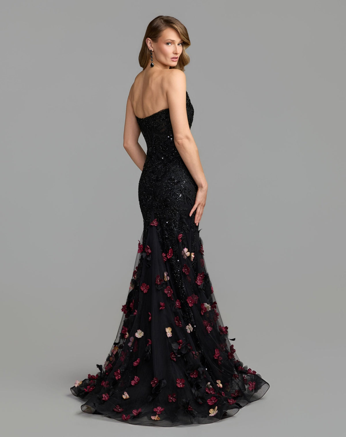 Mac Duggal #21147 black multi mermaid gown back view