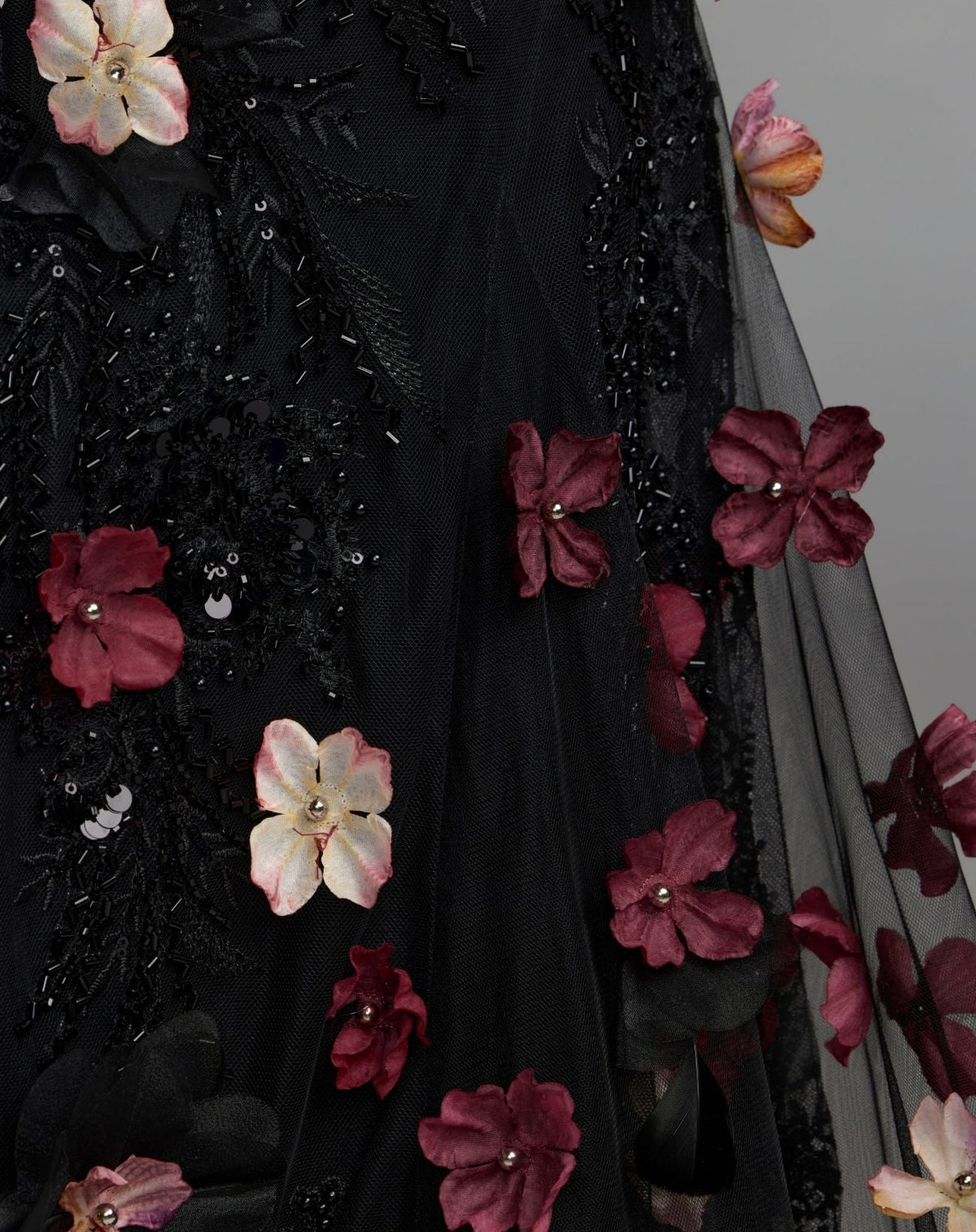 Mac Duggal #21147 black multi 3D floral hem detail
