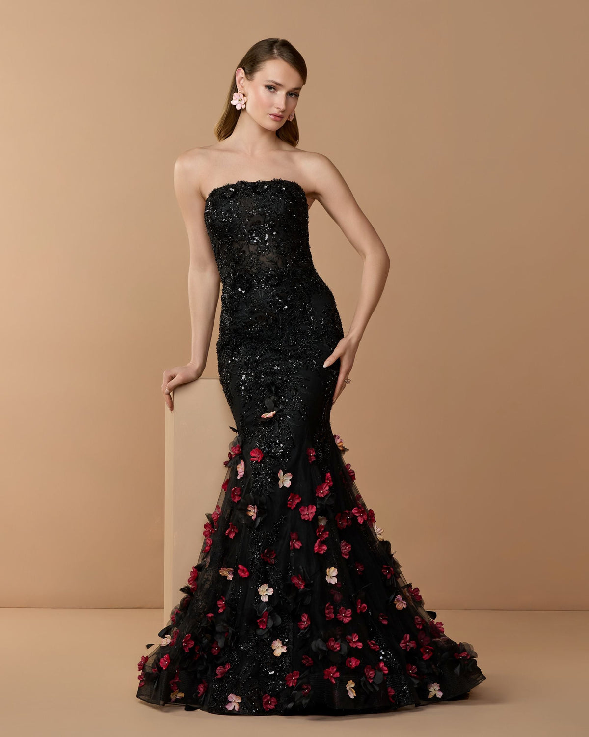 Mac Duggal #21147 black strapless gown with 3D floral hem