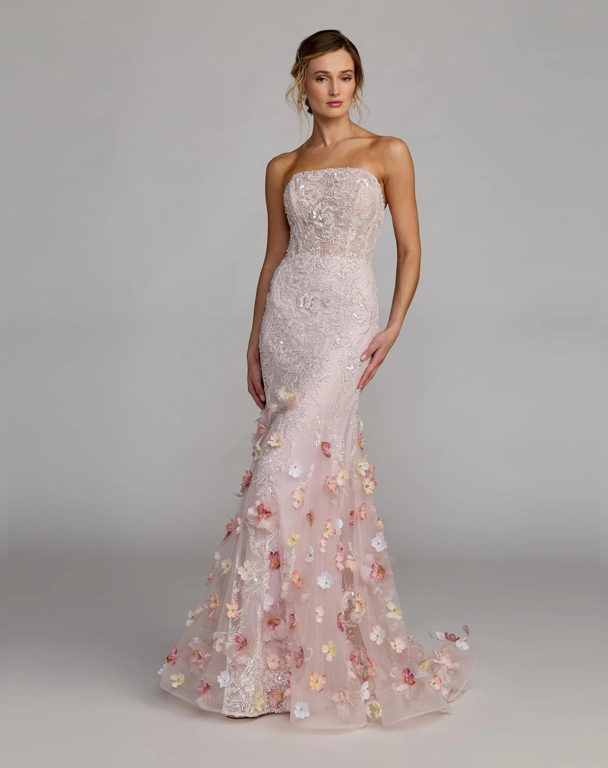 Mac Duggal Pink Strapless Embellished Mermaid Gown With 3D Floral Hem #21147 Blush Multi