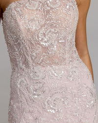 21147-BlushMulti-CL.jpg: Close-up studio view of the structured corseted bodice with intricate pink floral embroidery and beadwork.