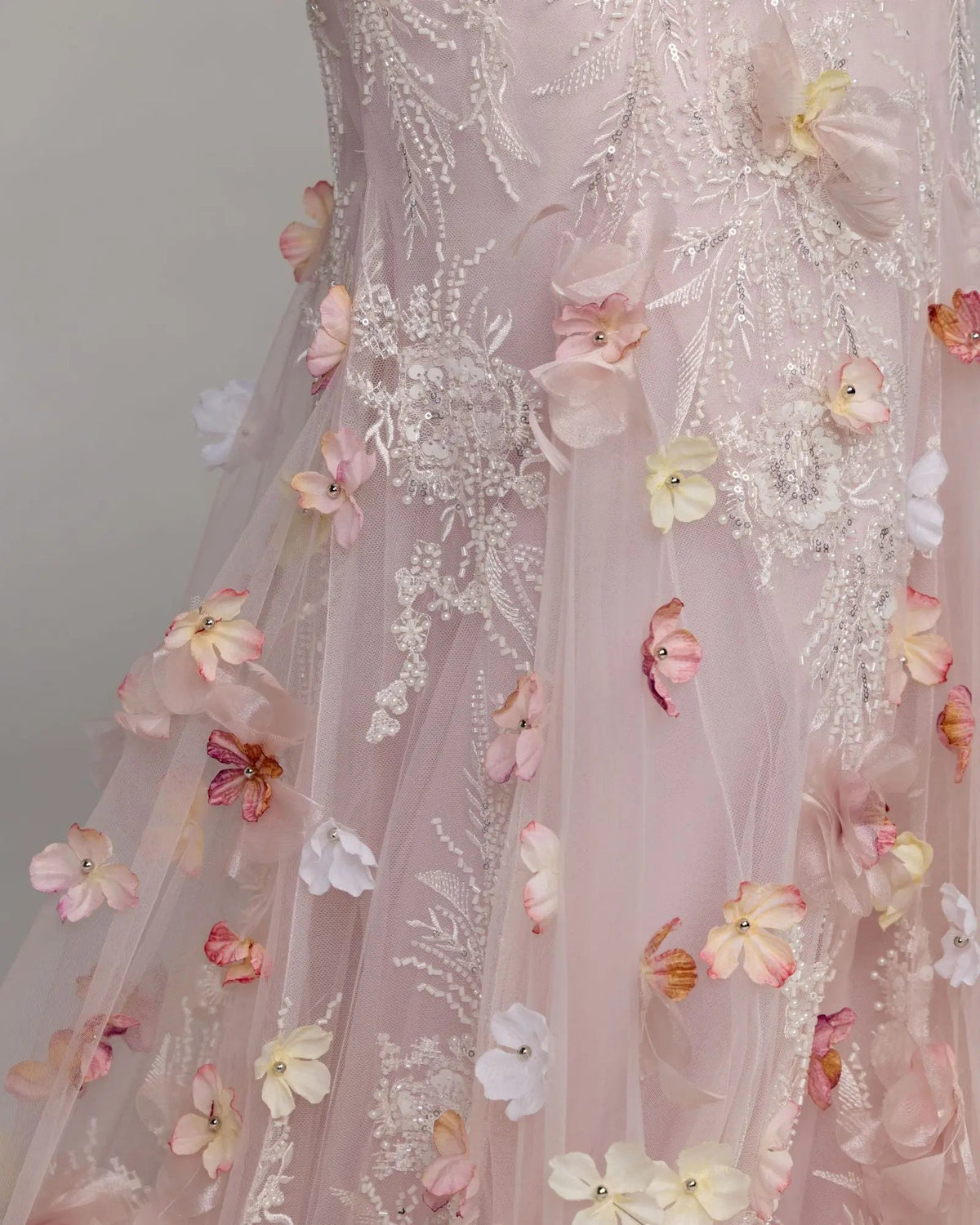 21147-BlushMulti-CL2.jpg: High-resolution detailed shot of the hand-applied sequins and dimensional 3D floral appliqués on the mesh fabric.