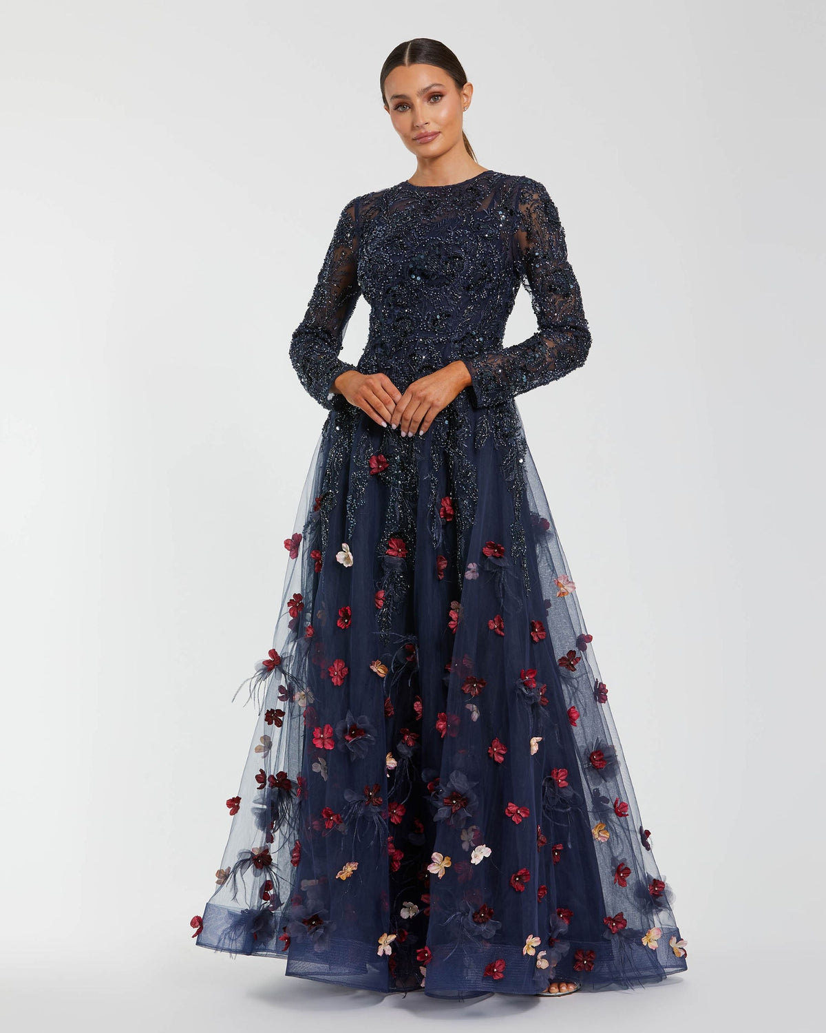 Mac Duggal #21148 midnight multi beaded floral a line gown with feathers