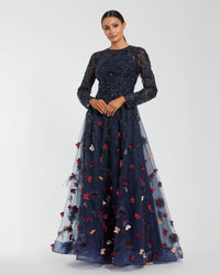 Mac Duggal #21148 midnight multi beaded floral a line gown with feathers
