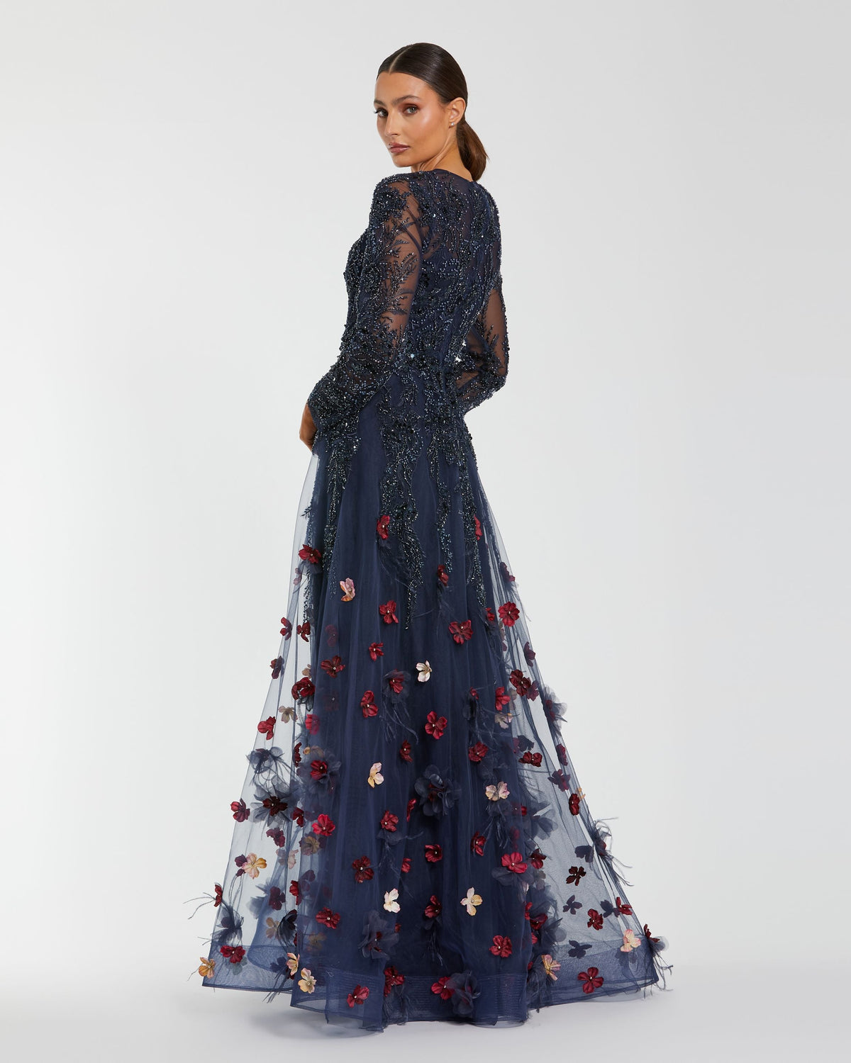 Mac Duggal #21148 midnight multi beaded floral a line gown with feathers back view