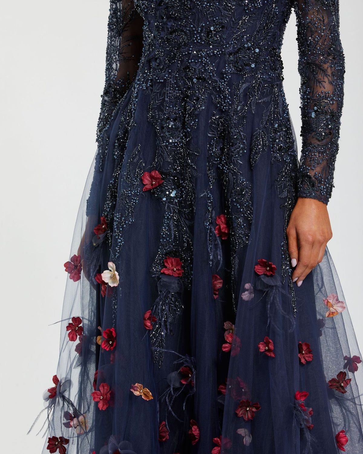 Mac Duggal #21148 midnight multi beaded floral a line gown with feathers close-up