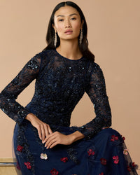 Mac Duggal #21148 midnight multi beaded floral a line gown with feathers lifestyle