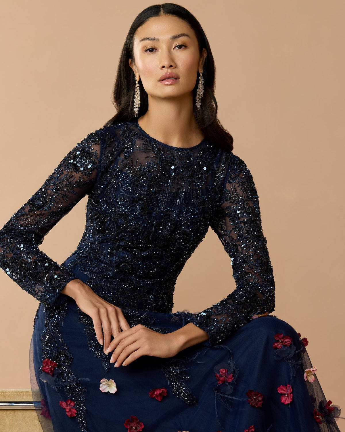 Mac Duggal #21148 midnight multi beaded floral a line gown with feathers lifestyle