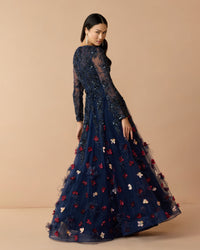 Mac Duggal #21148 midnight multi beaded floral a line gown with feathers back view