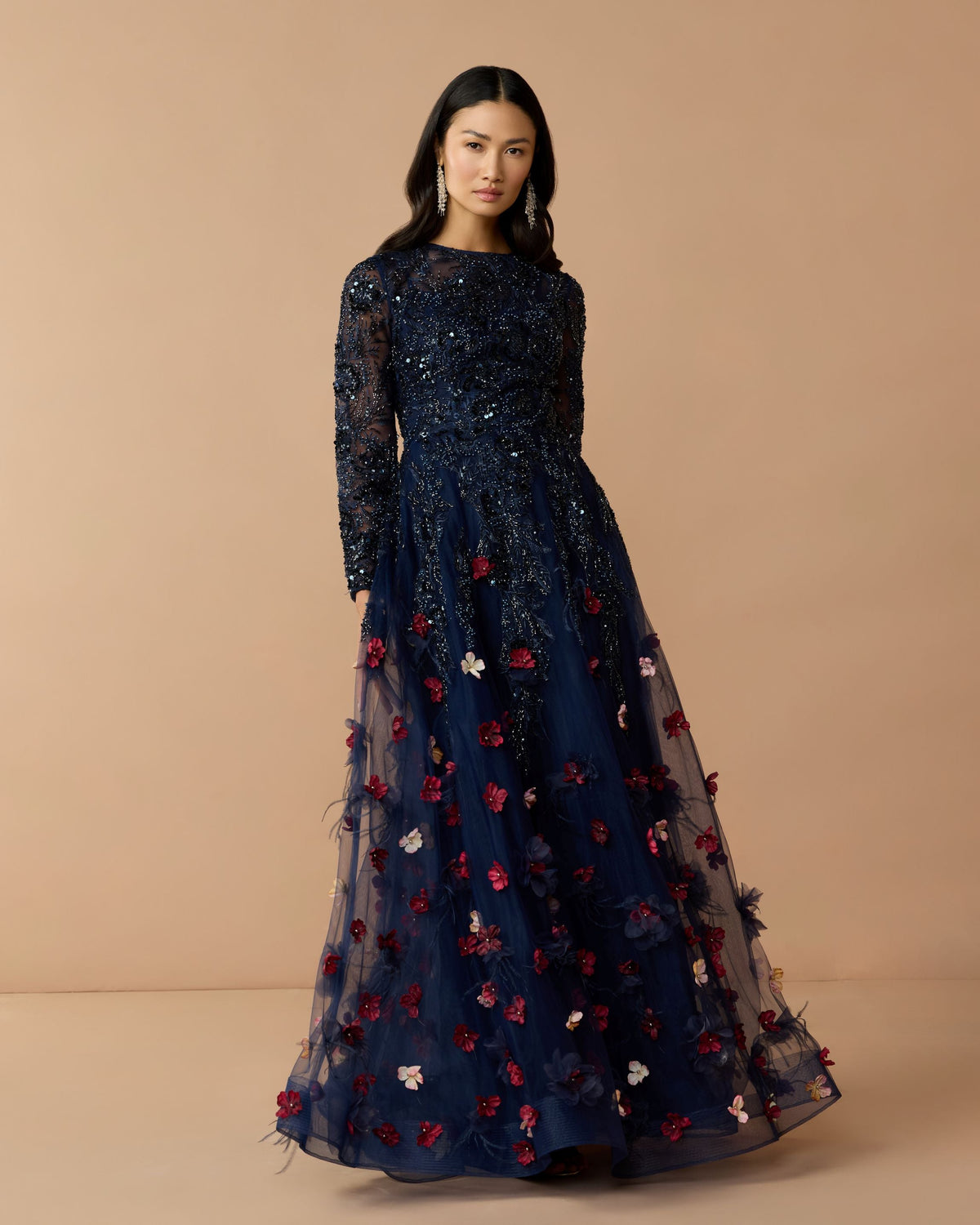 Mac Duggal #21148 midnight multi beaded floral a line gown with feathers lifestyle