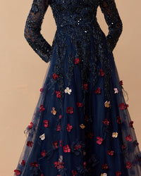 Mac Duggal #21148 midnight multi beaded floral a line gown with feathers lifestyle