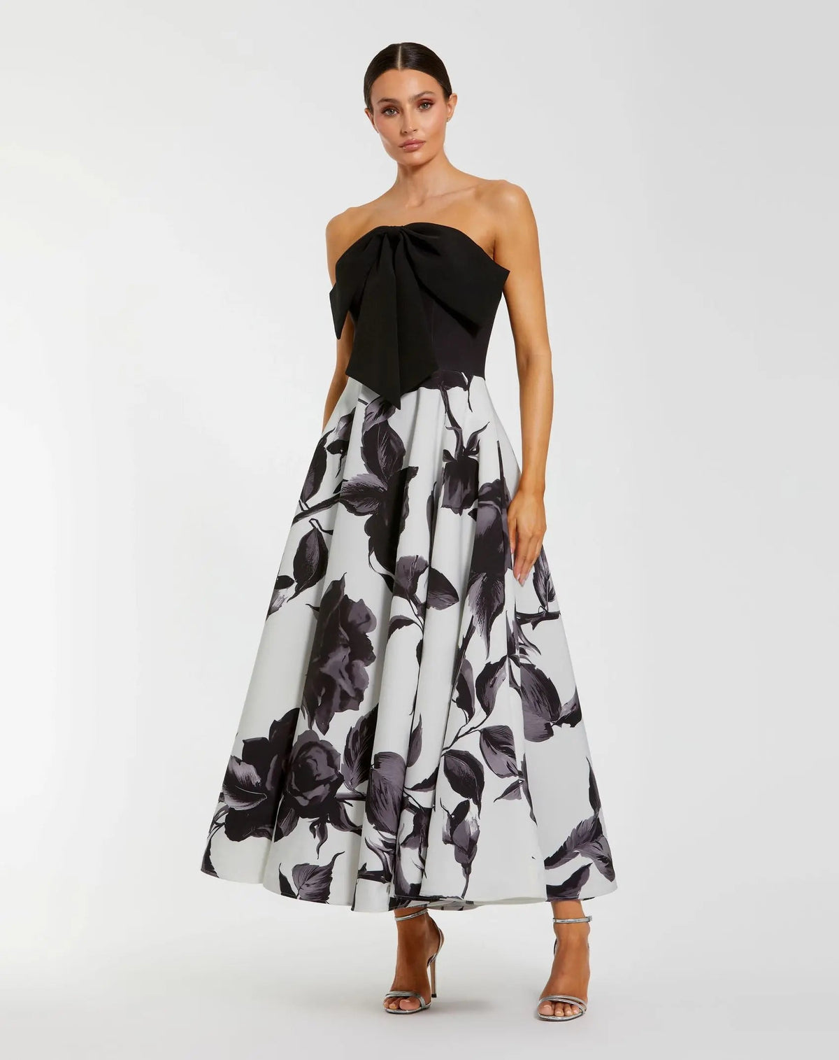 Mac Duggal #21151 black multi floral strapless midi dress with bow
