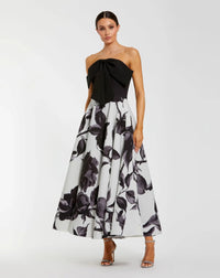 Mac Duggal #21151 black multi floral strapless midi dress with bow