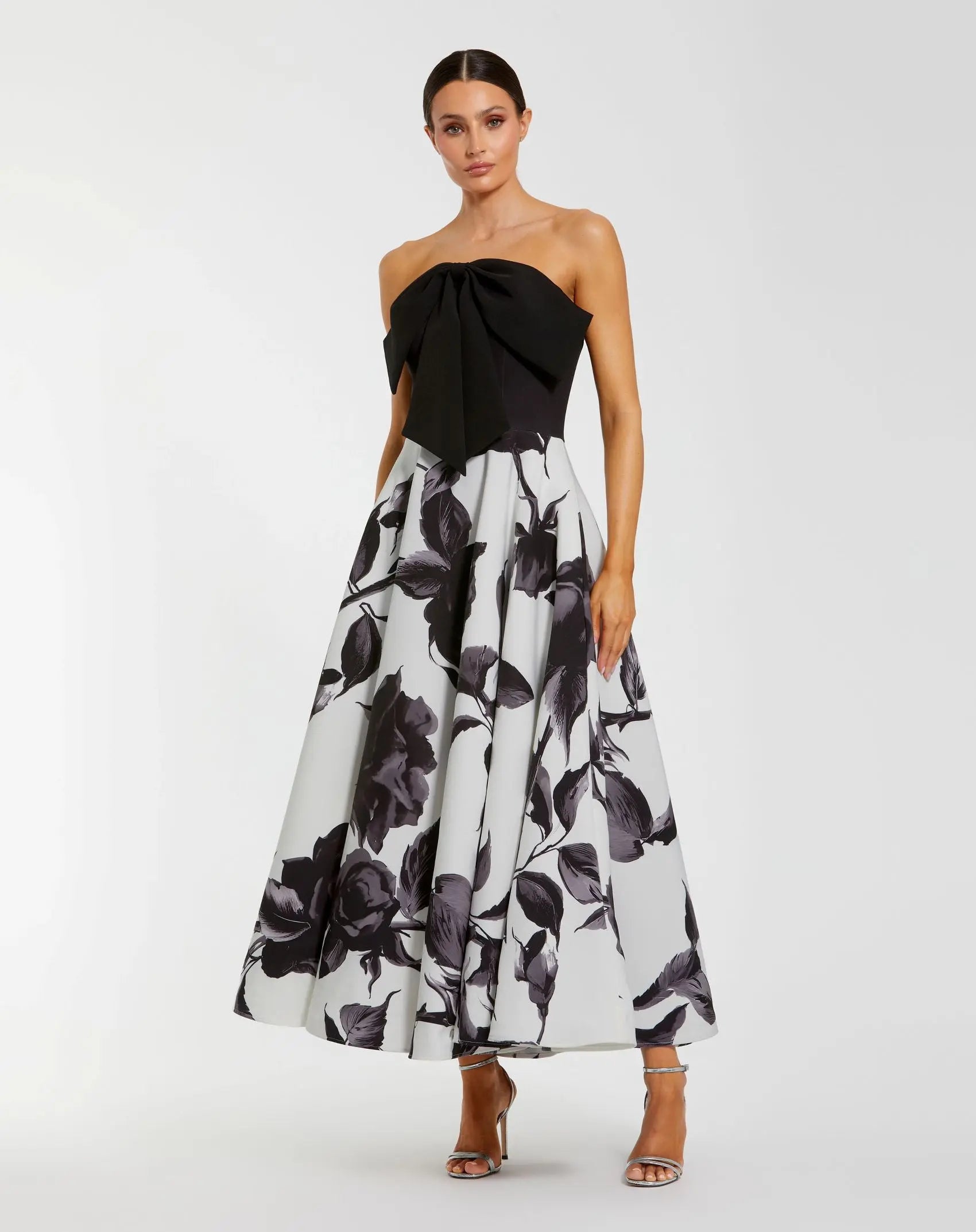 Mac Duggal #21151 black multi floral strapless midi dress with bow