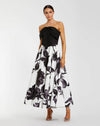 Mac Duggal Black and White Floral Strapless Midi Dress With Bow #21151