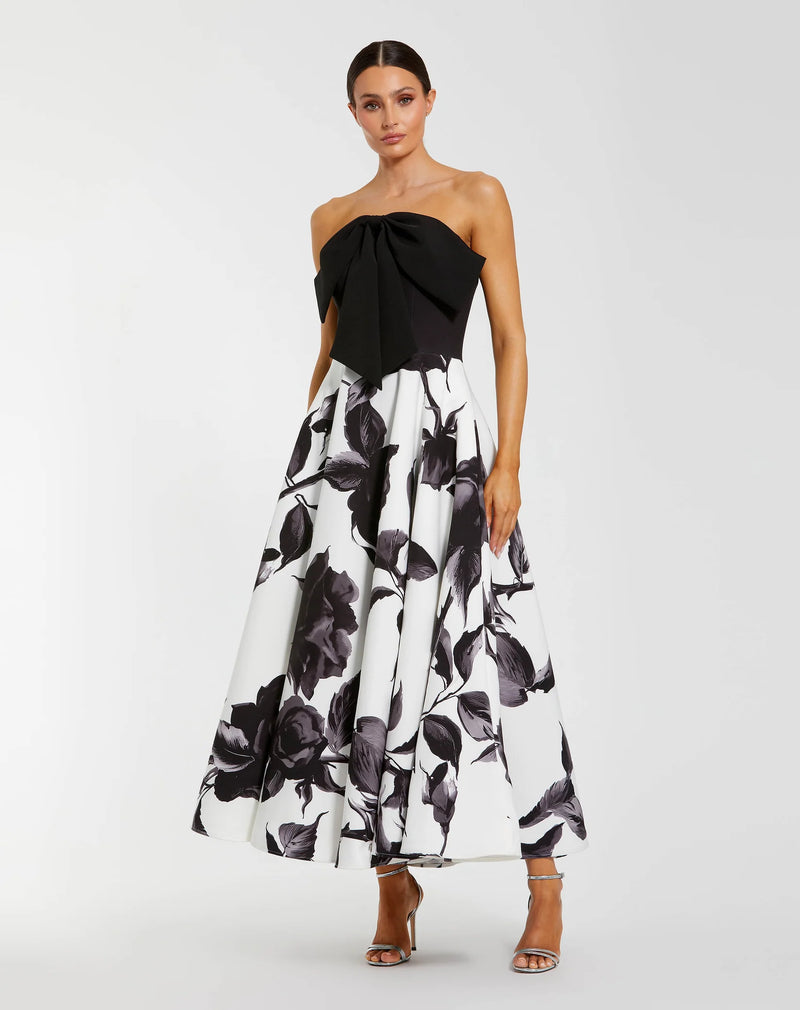 Mac Duggal Black and White Floral Strapless Midi Dress With Bow #21151