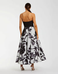 Mac Duggal #21151 black multi floral strapless midi dress with bow